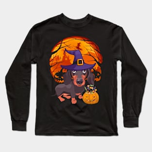 Dachshund pumpkin witch Long Sleeve T-Shirt